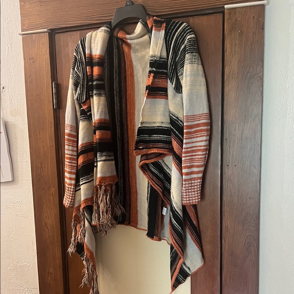 Fringe Cardigan with Bold Stripes
